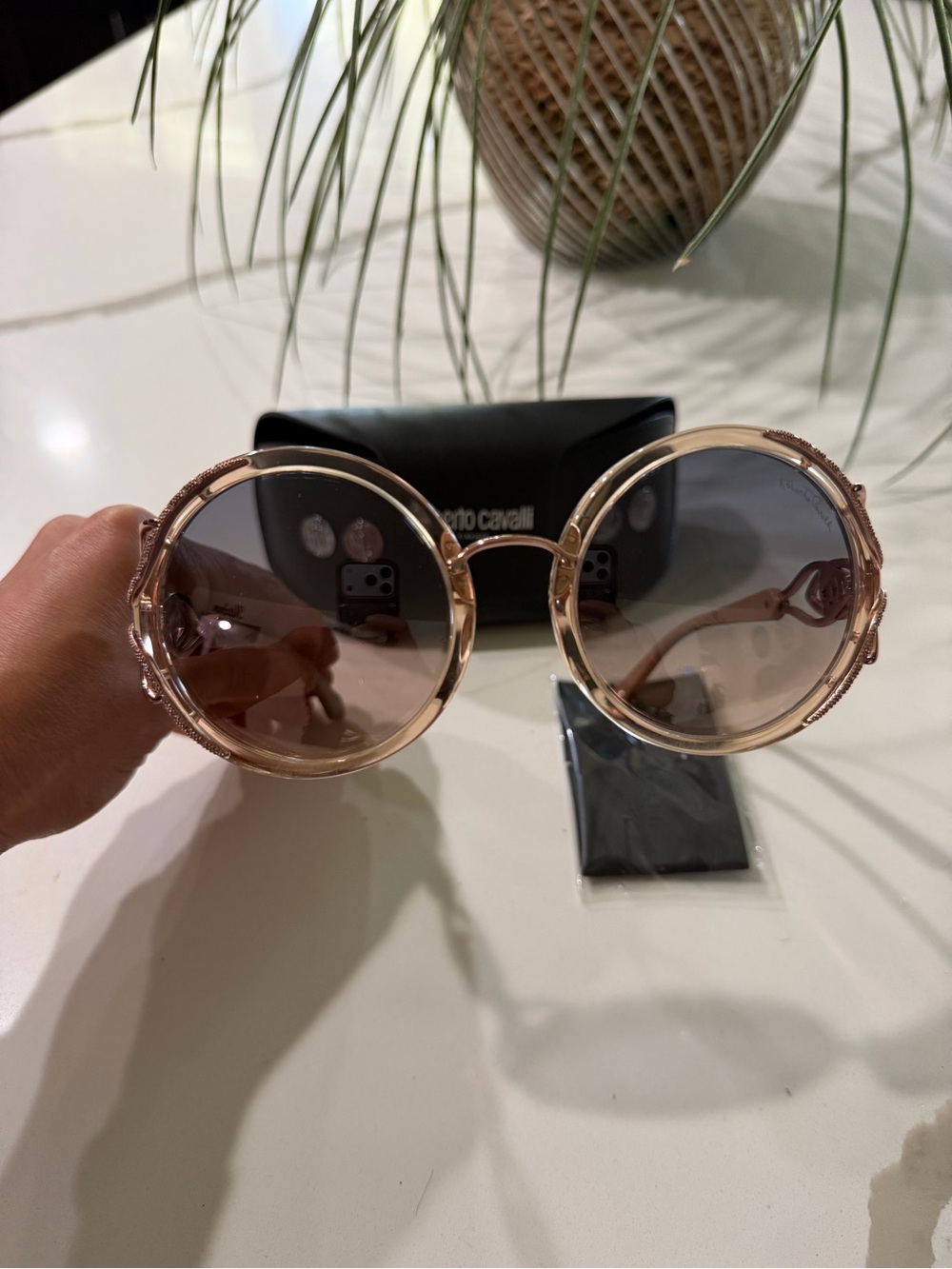 Roberto Cavalli Round Sunglasses in Rose Gold with Gradient Brown Lenses